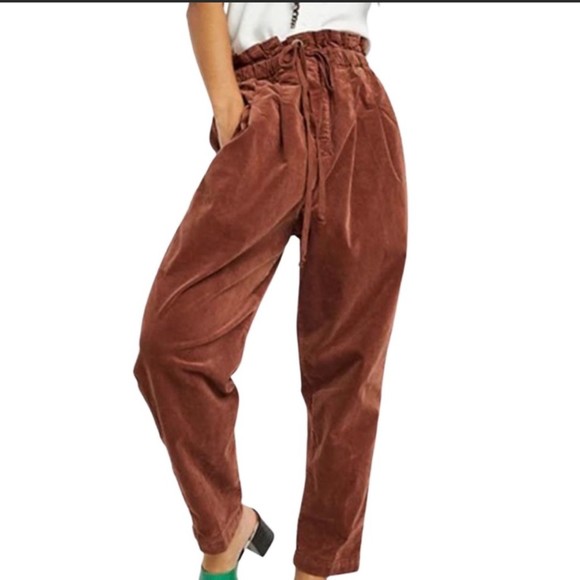 Free People Margate Brown Pleated High Rise Paper Bag Cord Ladies Trousers, XS - Picture 9 of 11